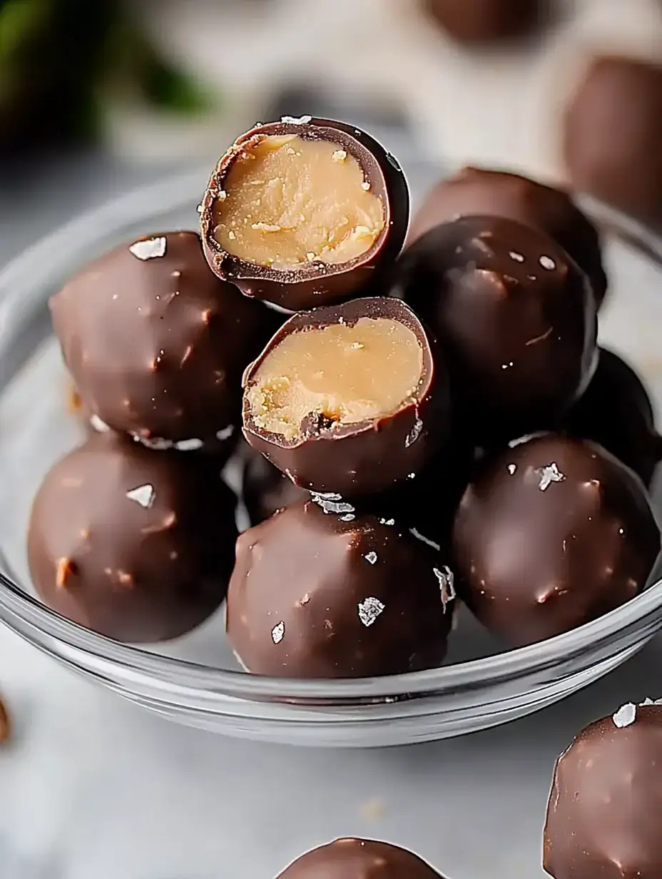 A clear glass bowl filled with chocolate-covered peanut butter balls, some of which are cut in half to reveal the creamy filling inside.