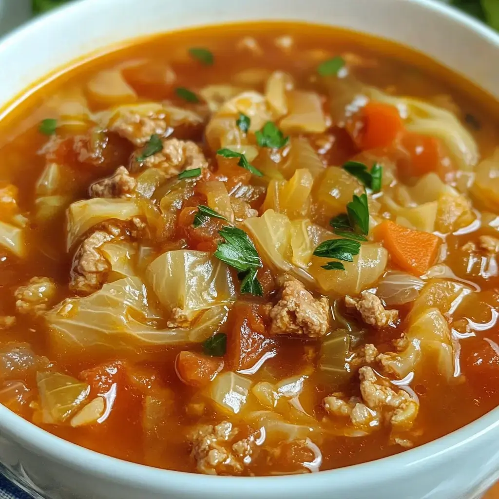 A close-up view of a hearty cabbage soup with ground meat, diced vegetables, and garnished with fresh parsley in a white bowl.