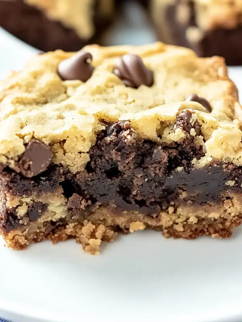 A close-up of a chocolate chip cookie bar, showcasing a gooey chocolate filling between layers of cookie dough.