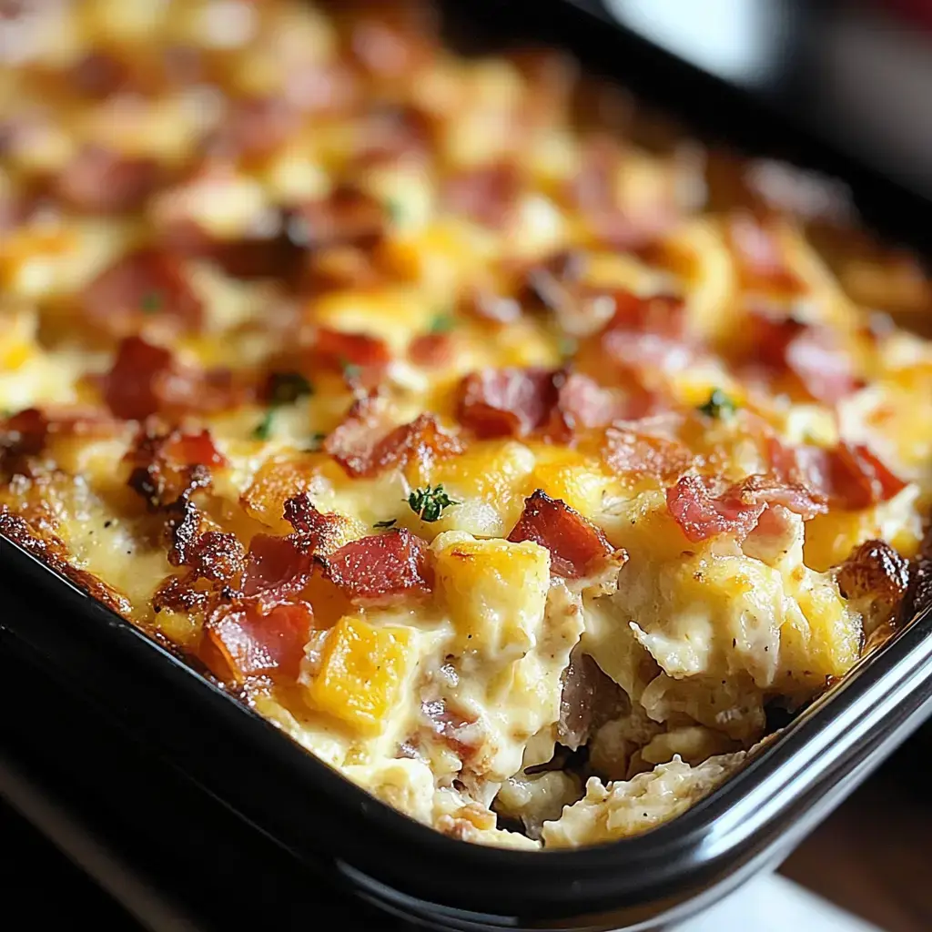 A close-up of a baked dish featuring a creamy mixture topped with crispy bacon and melted cheese.