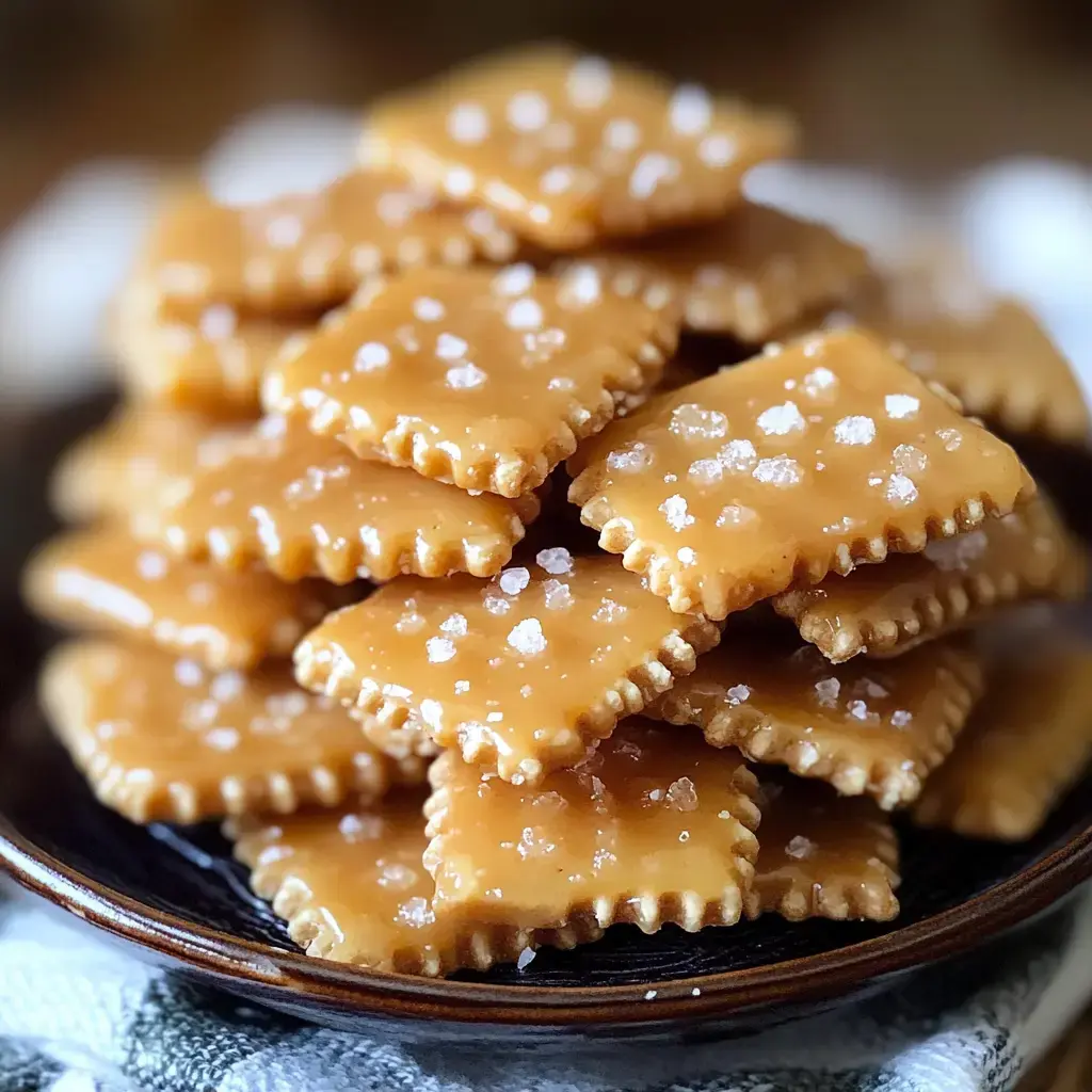 A close-up image of a stacked pile of rectangular, glazed crackers sprinkled with white salt, served on a dark plate.