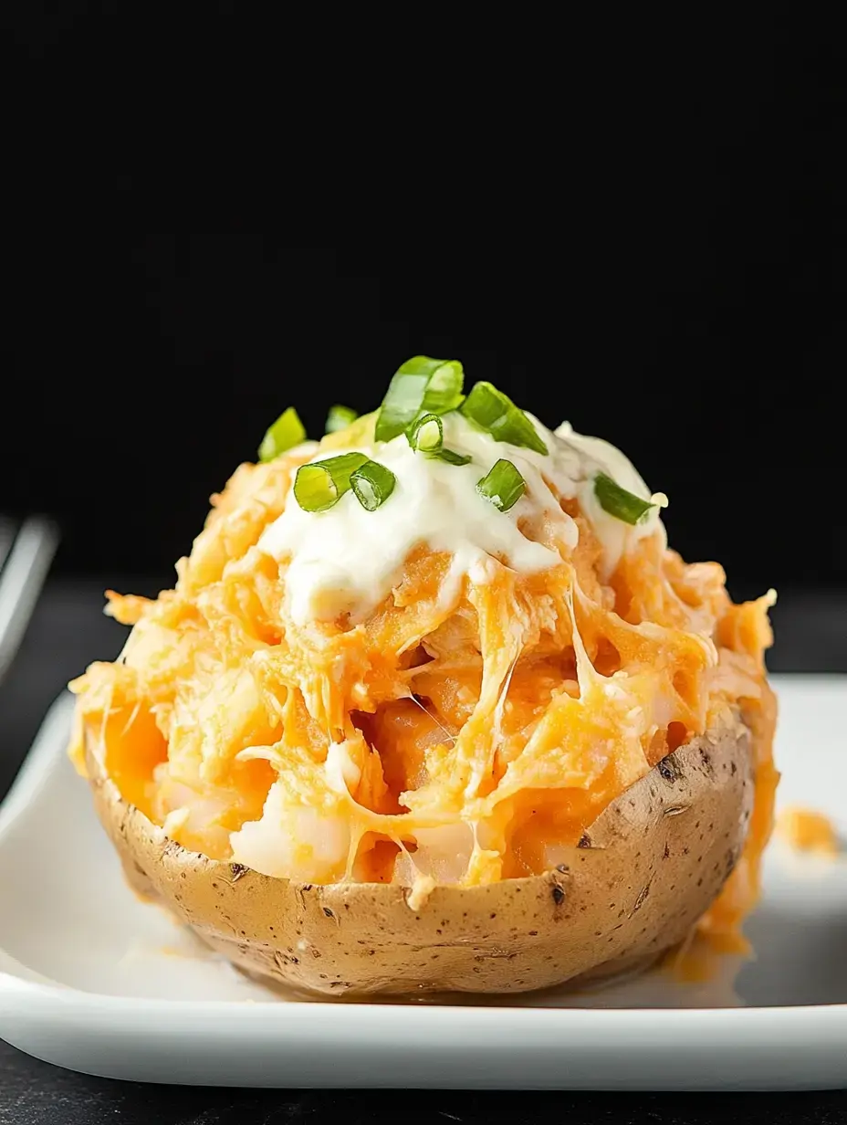 A baked potato filled with shredded orange toppings and garnished with green onions and sour cream.