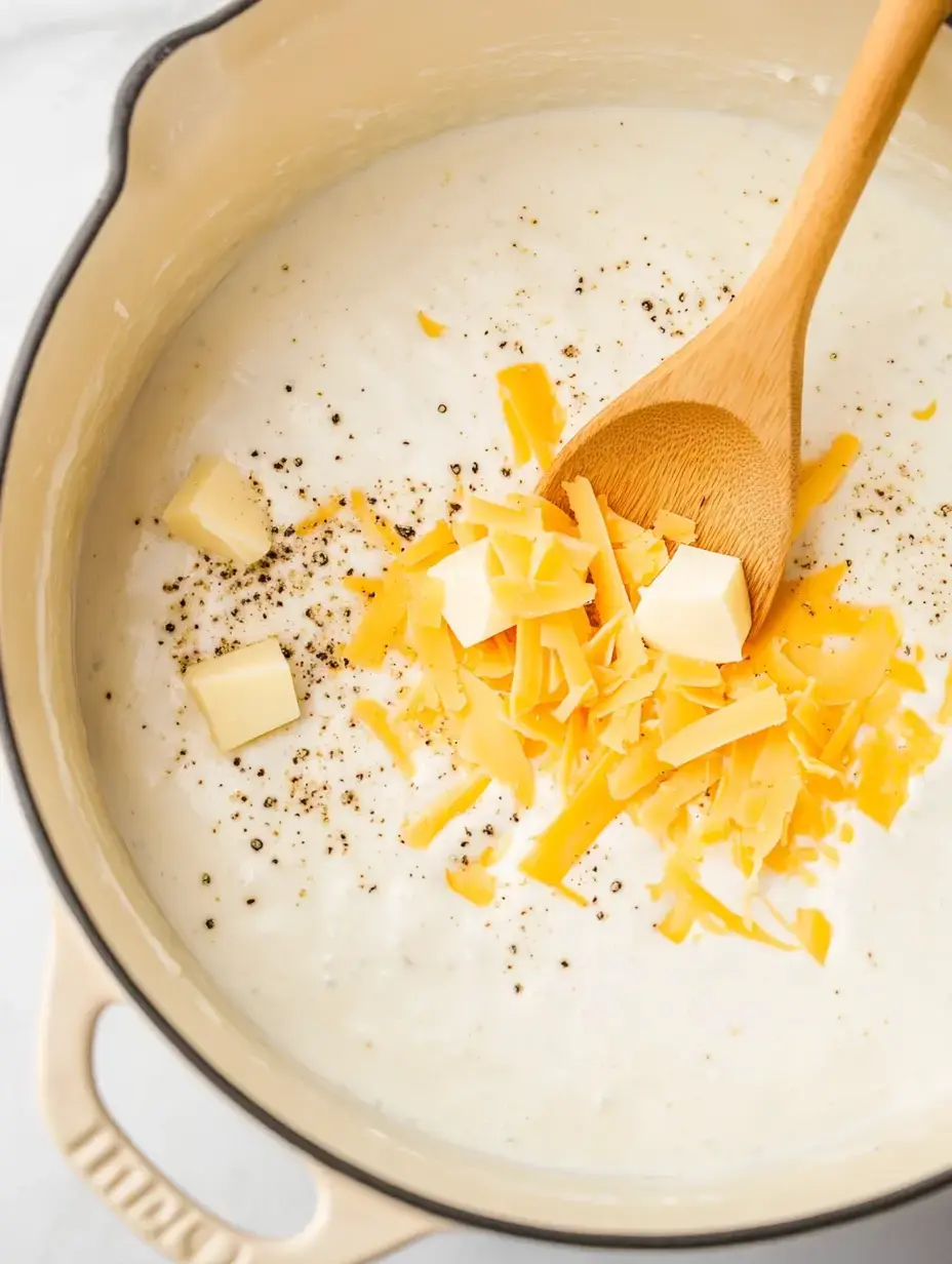 A wooden spoon stirs shredded cheese and cubes of butter into a creamy mixture with black pepper in a large pot.