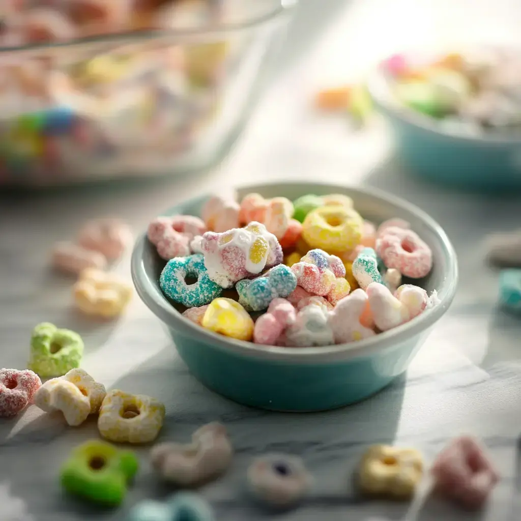 A small bowl filled with colorful, sugary cereal pieces is placed on a marble surface, with more cereal scattered around.