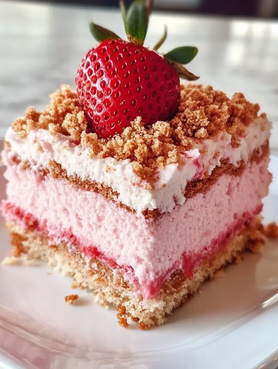 A tempting slice of layered cake with pink cream, a strawberry on top, and a crumbly topping.