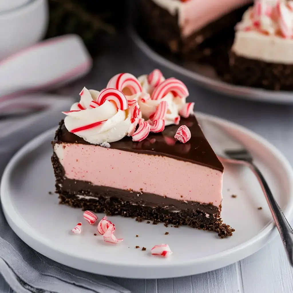 A slice of chocolate and pink peppermint mousse cake, topped with whipped cream and crushed candy canes, sits on a white plate.