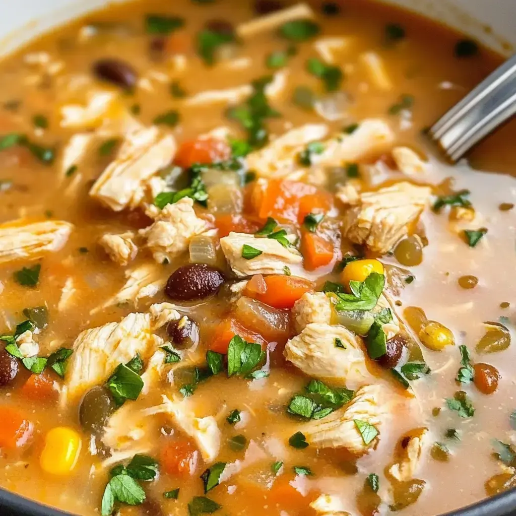 A close-up of a bowl of chicken soup featuring shredded chicken, beans, corn, diced tomatoes, and garnished with chopped parsley.