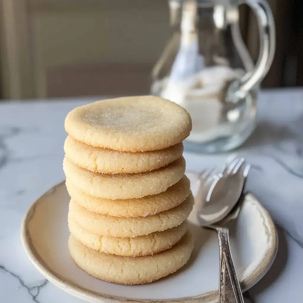 A stack of freshly baked sugar cookies sits on a plate next to a fork and spoon, with a glass jar of sugar in the background.