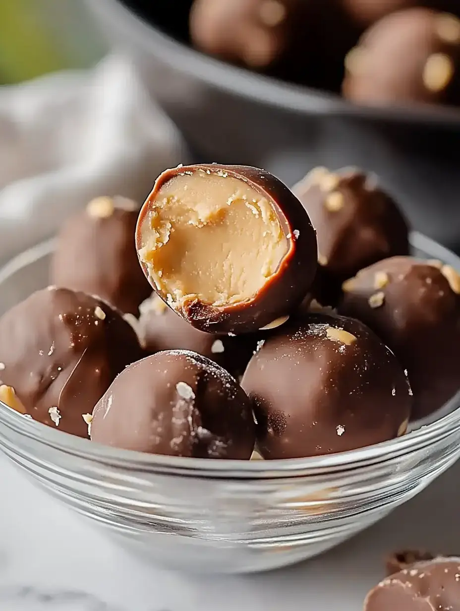 A glass bowl filled with chocolate-covered peanut butter balls, one of which is bite-sized to reveal its creamy filling.