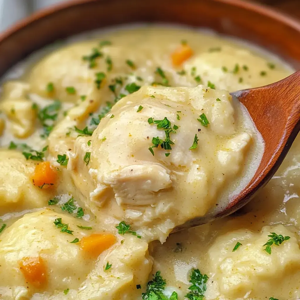 A wooden spoon lifts a serving of chicken and dumplings from a bowl, garnished with parsley and featuring a creamy broth.