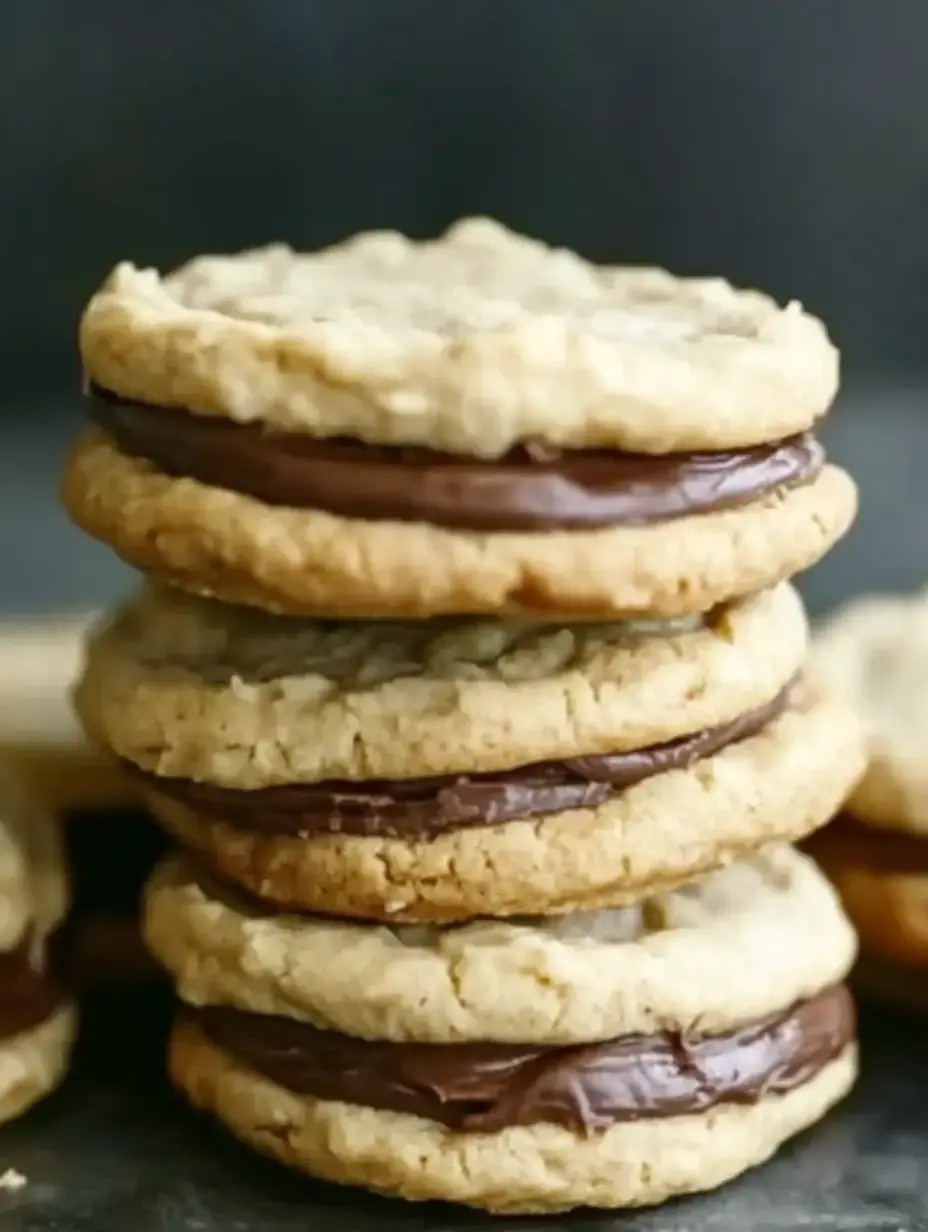 A stack of oatmeal cookies filled with chocolate spread.