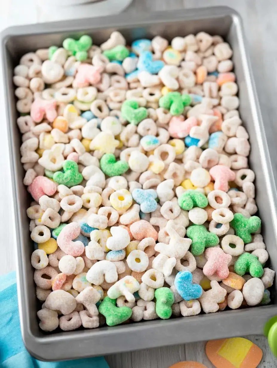 A baking tray filled with colorful, sugary cereal pieces in various shapes, including hearts and circles.