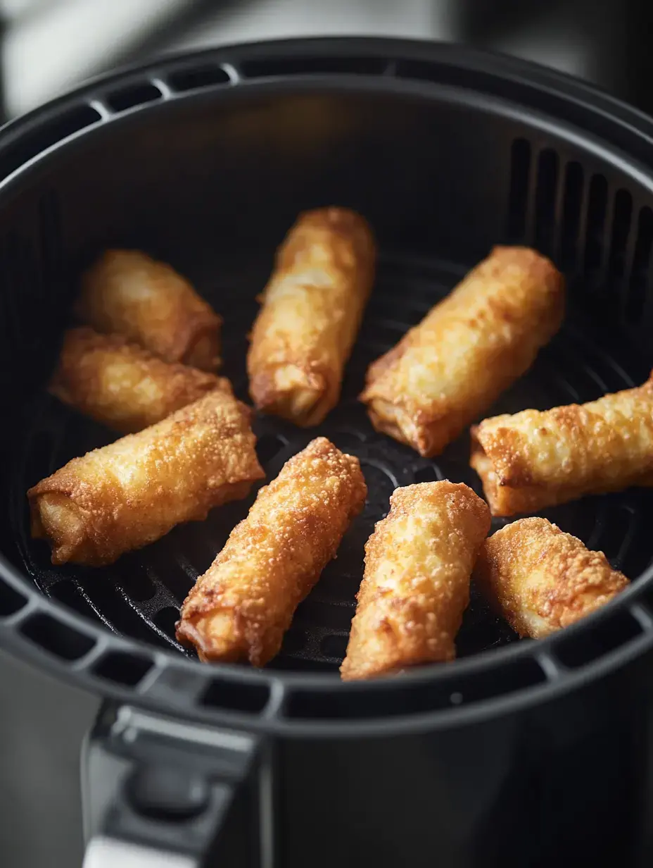 A close-up view of several crispy golden spring rolls arranged inside an air fryer.