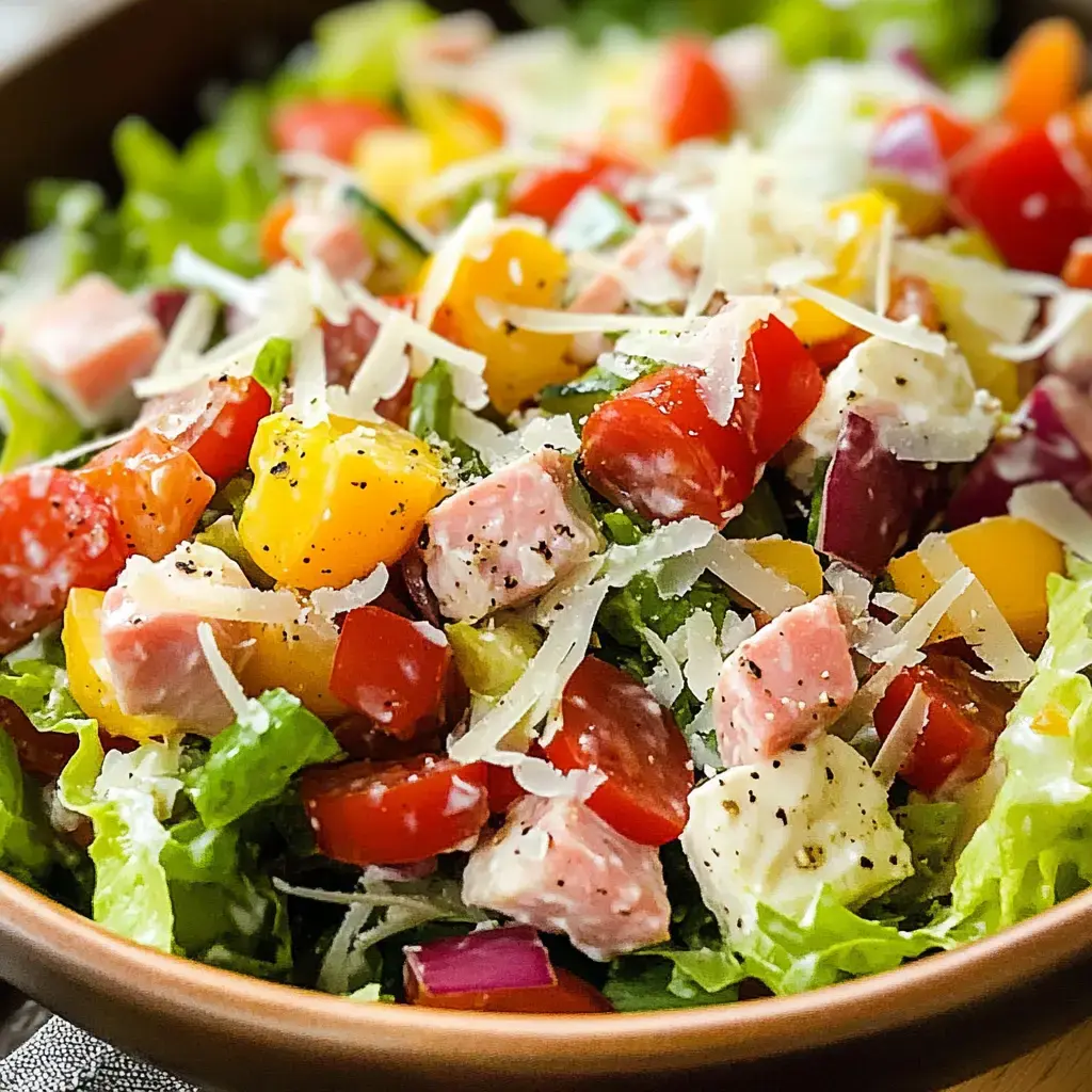 A close-up of a colorful salad featuring lettuce, tomatoes, bell peppers, ham, and shredded cheese sprinkled with black pepper.