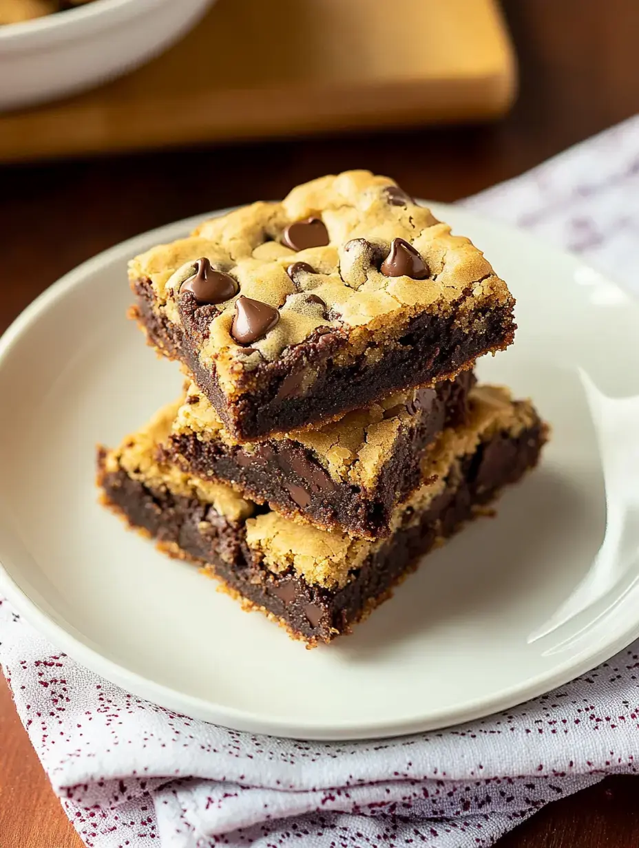 A plate stacked with three chocolate chip brownie bars, sprinkled with chocolate chips on top, rests on a decorative napkin.