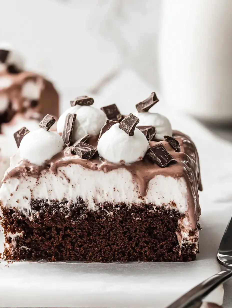 A close-up of a slice of chocolate cake topped with whipped cream, chocolate shavings, and marshmallows.