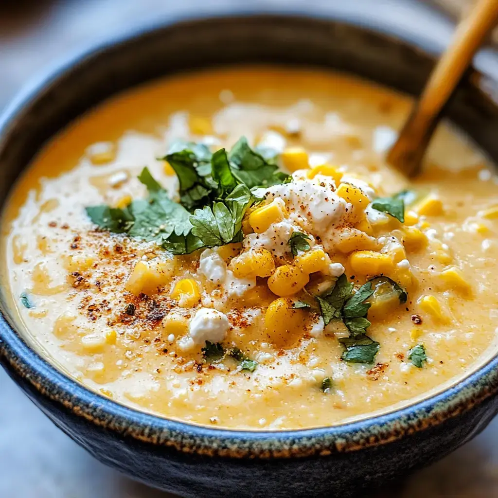 A bowl of creamy corn soup topped with fresh cilantro, corn kernels, and a sprinkle of spices.