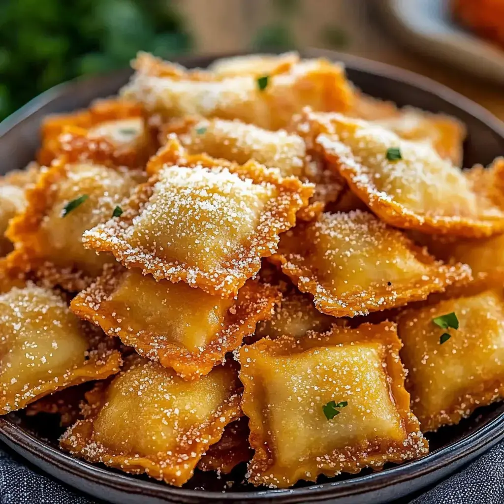 A close-up of a bowl filled with golden, crispy ravioli dusted with grated cheese and garnished with small green herbs.