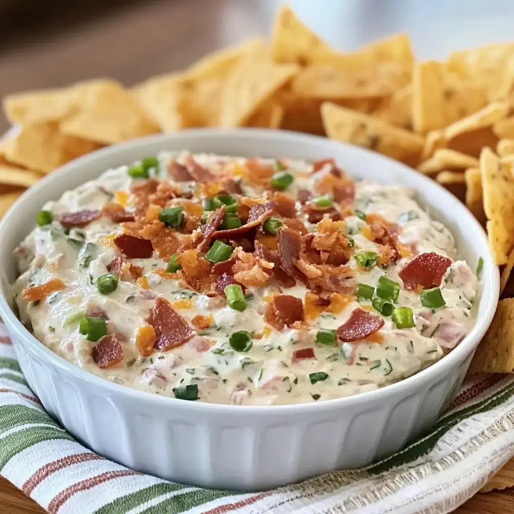 A creamy dip topped with bacon and green onions, served alongside tortilla chips.