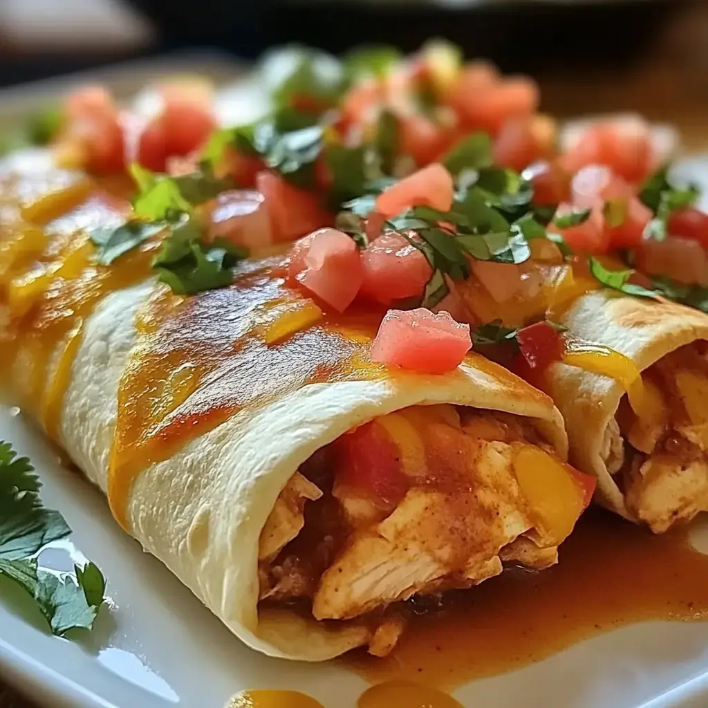 A close-up of two enchiladas filled with chicken and topped with diced tomatoes, cilantro, and cheese, served on a plate.