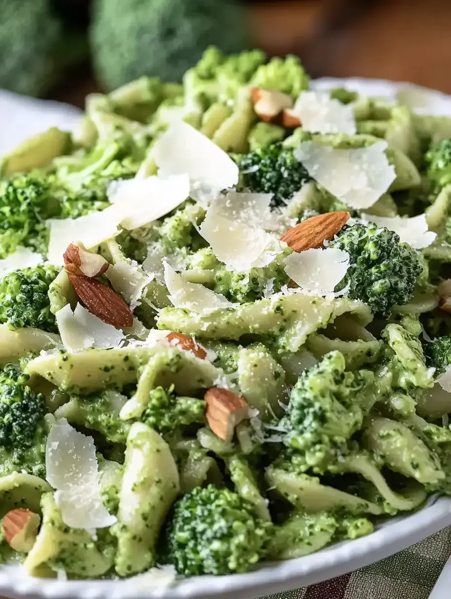 A serving of pasta mixed with green pesto, broccoli florets, shaved parmesan, and slivered almonds, presented in a white bowl.