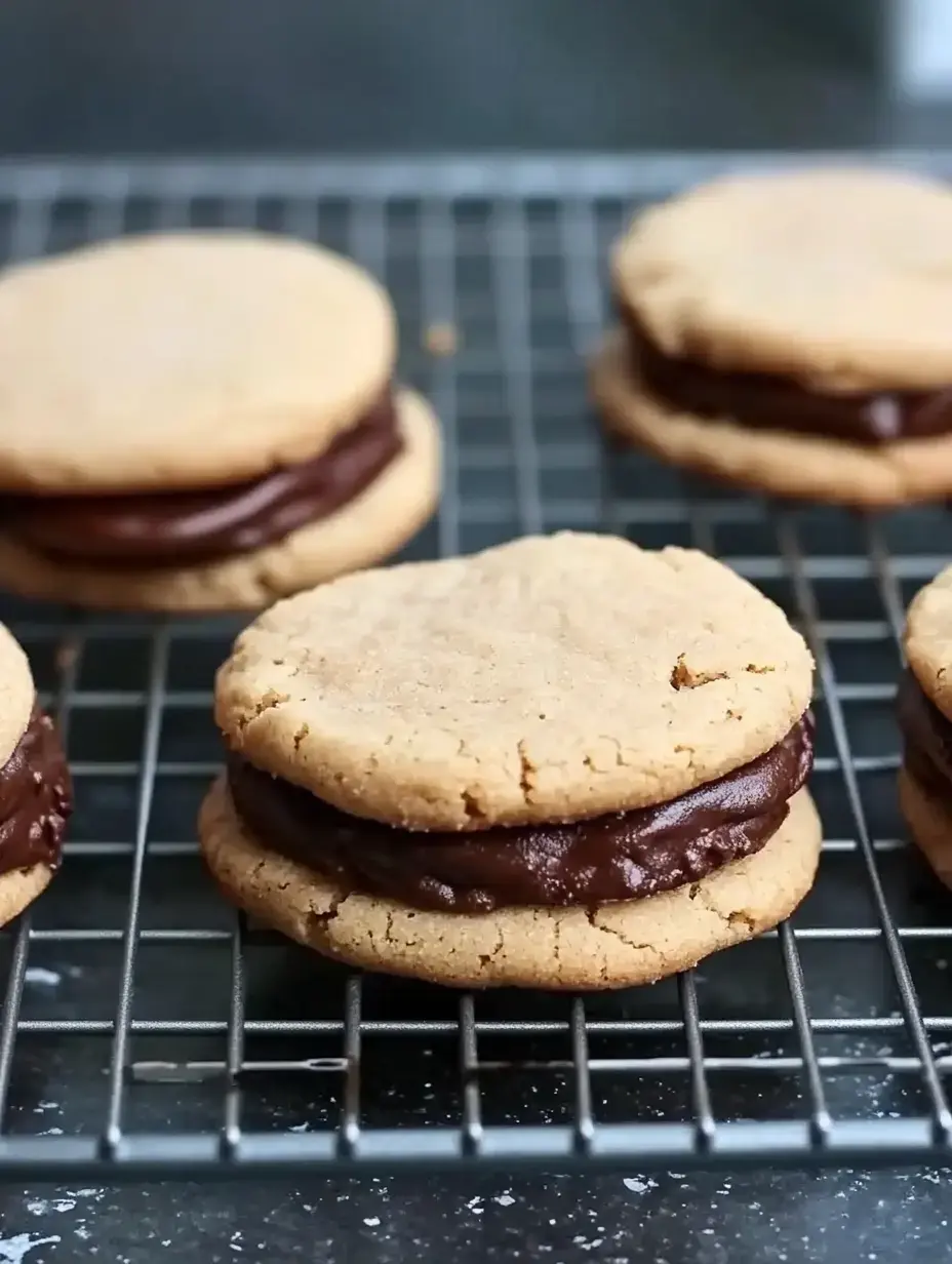 A wire rack holds several peanut butter cookies sandwiched with chocolate filling.