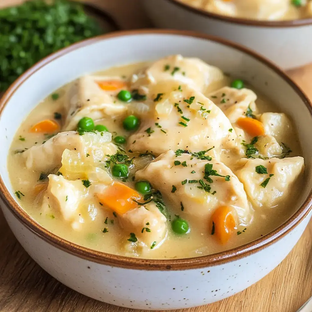 A bowl of creamy chicken and dumplings with peas and carrots, garnished with fresh parsley.