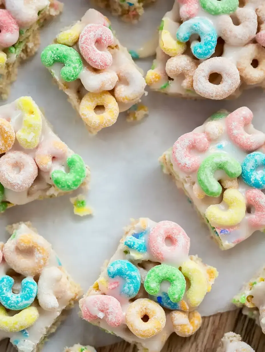 A close-up of colorful cereal bars topped with pastel sugary cereal pieces arranged on a light surface.