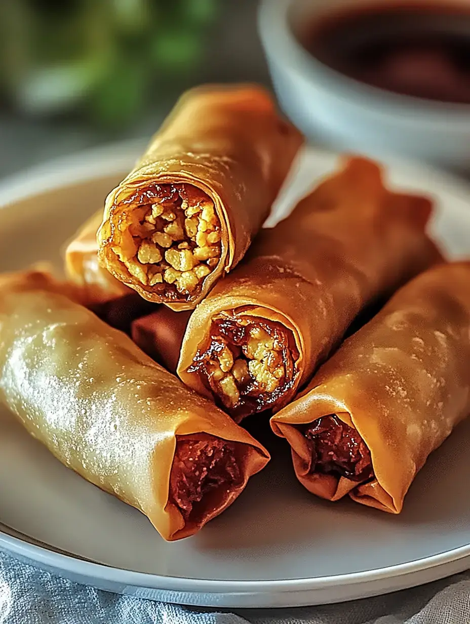 A plate of crispy spring rolls filled with a savory mixture, positioned with one roll partially exposed to show the filling.