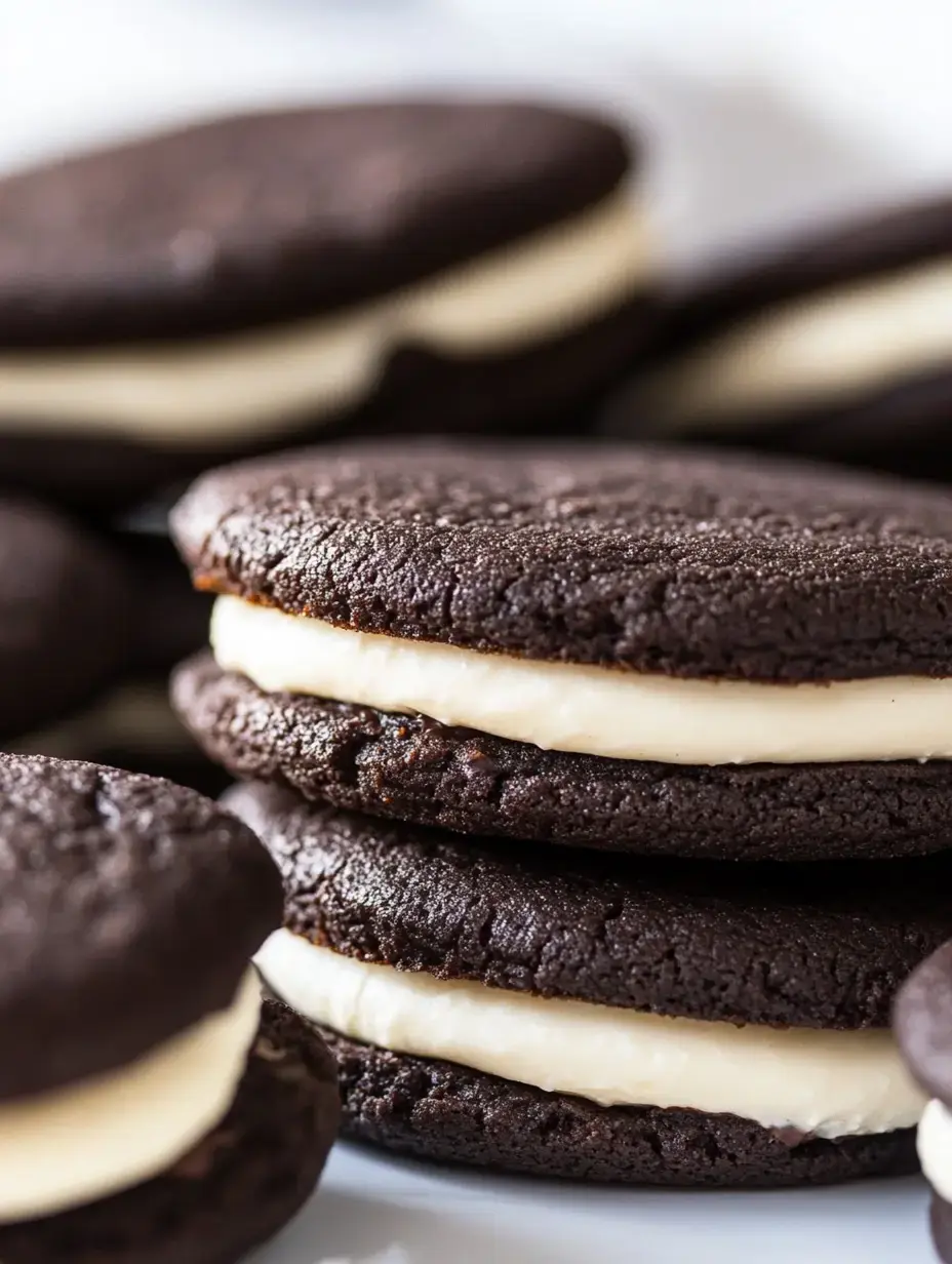 A pile of chocolate sandwich cookies with a creamy filling peeking out.