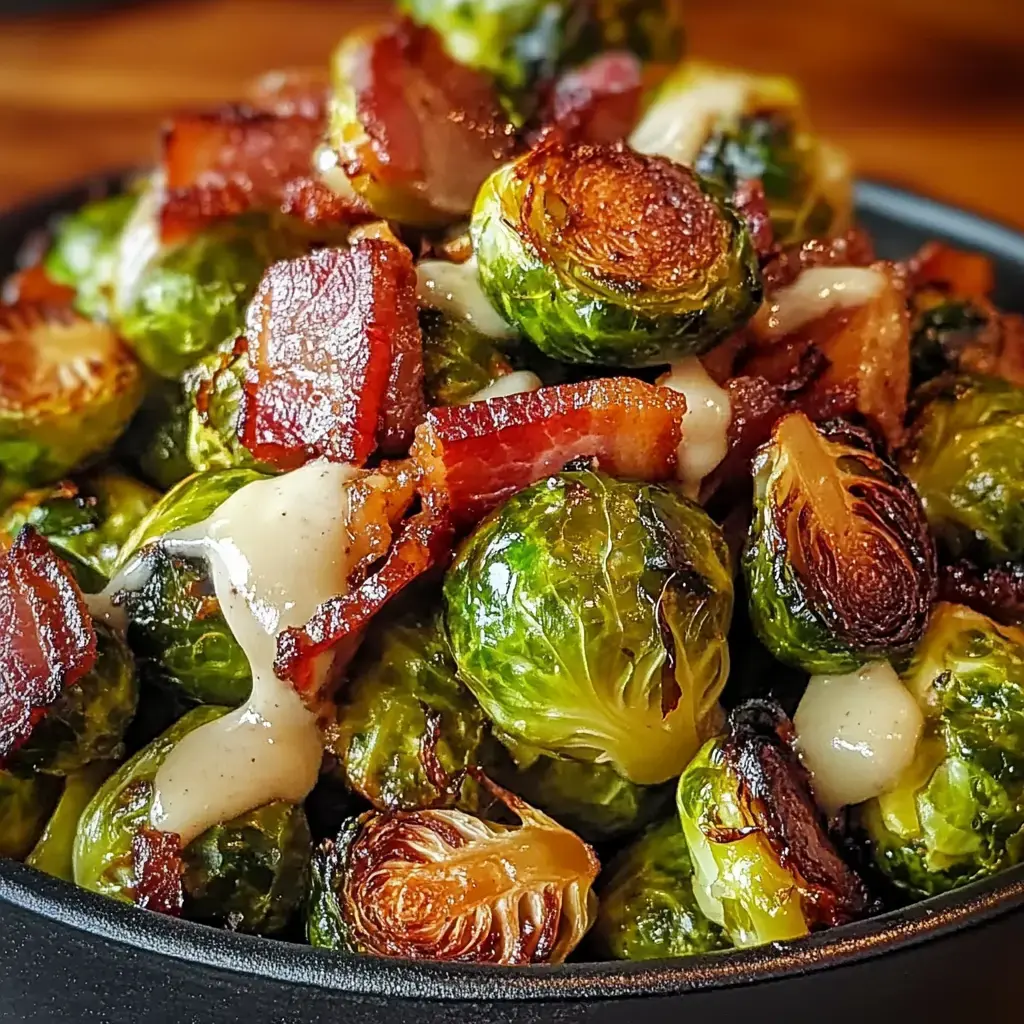 A close-up of roasted Brussels sprouts topped with crispy bacon and a creamy sauce.