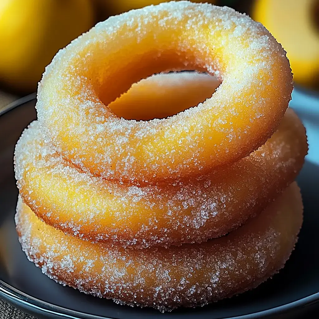 A stack of three sugar-coated, golden yellow donuts arranged on a black plate, with soft, blurred fruit in the background.