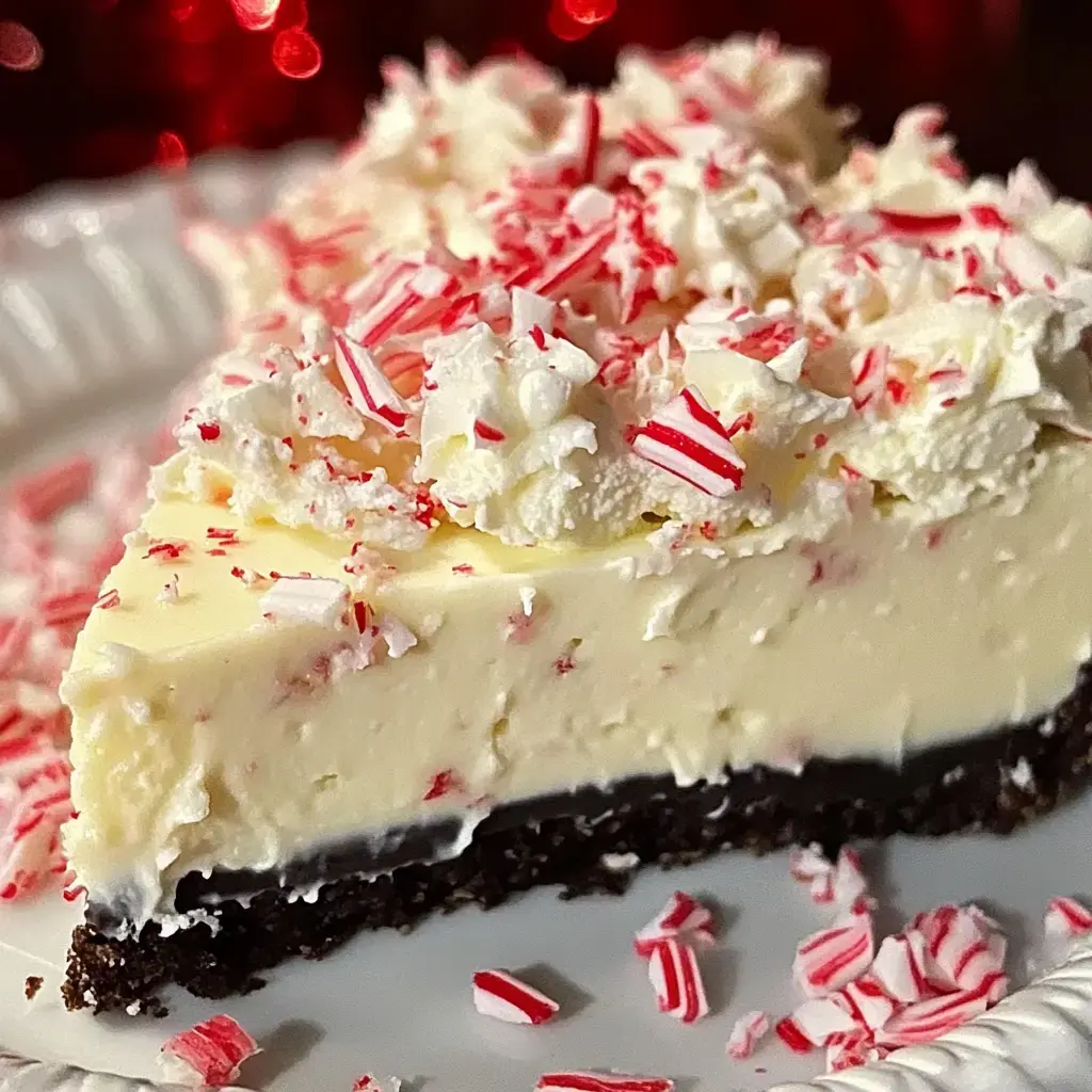 A slice of peppermint cheesecake topped with whipped cream and crushed candy canes on a white plate.