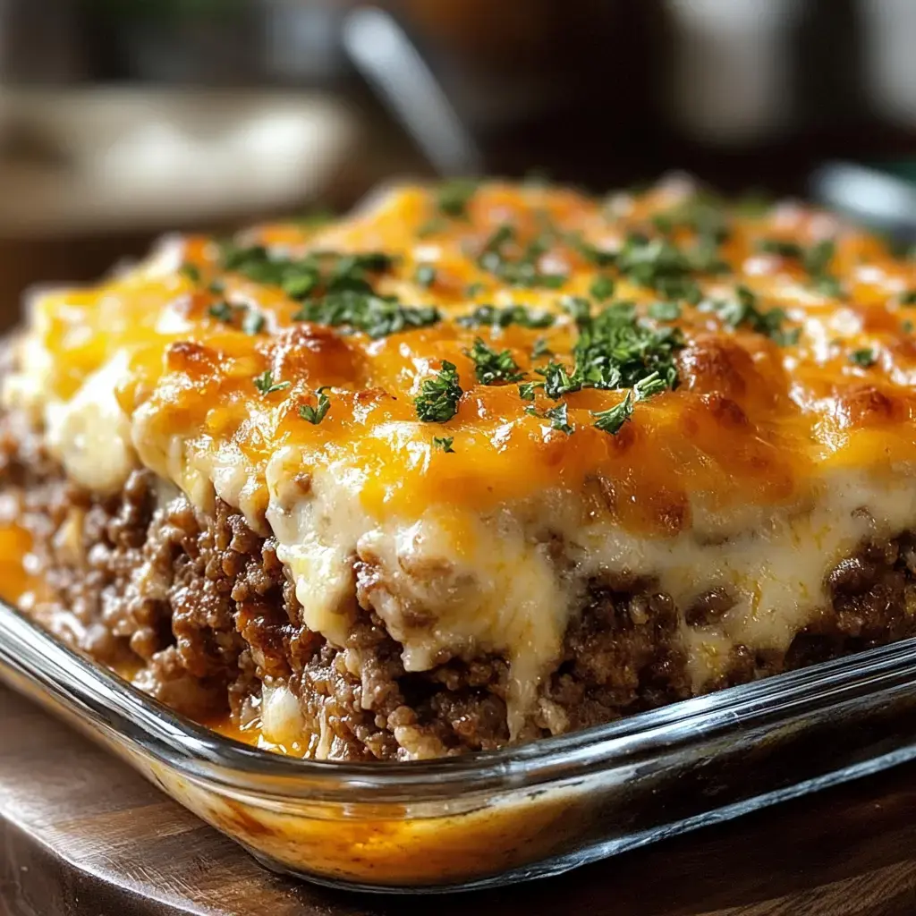 A close-up view of a baked casserole layered with ground beef, creamy sauce, and melted cheese, garnished with parsley.