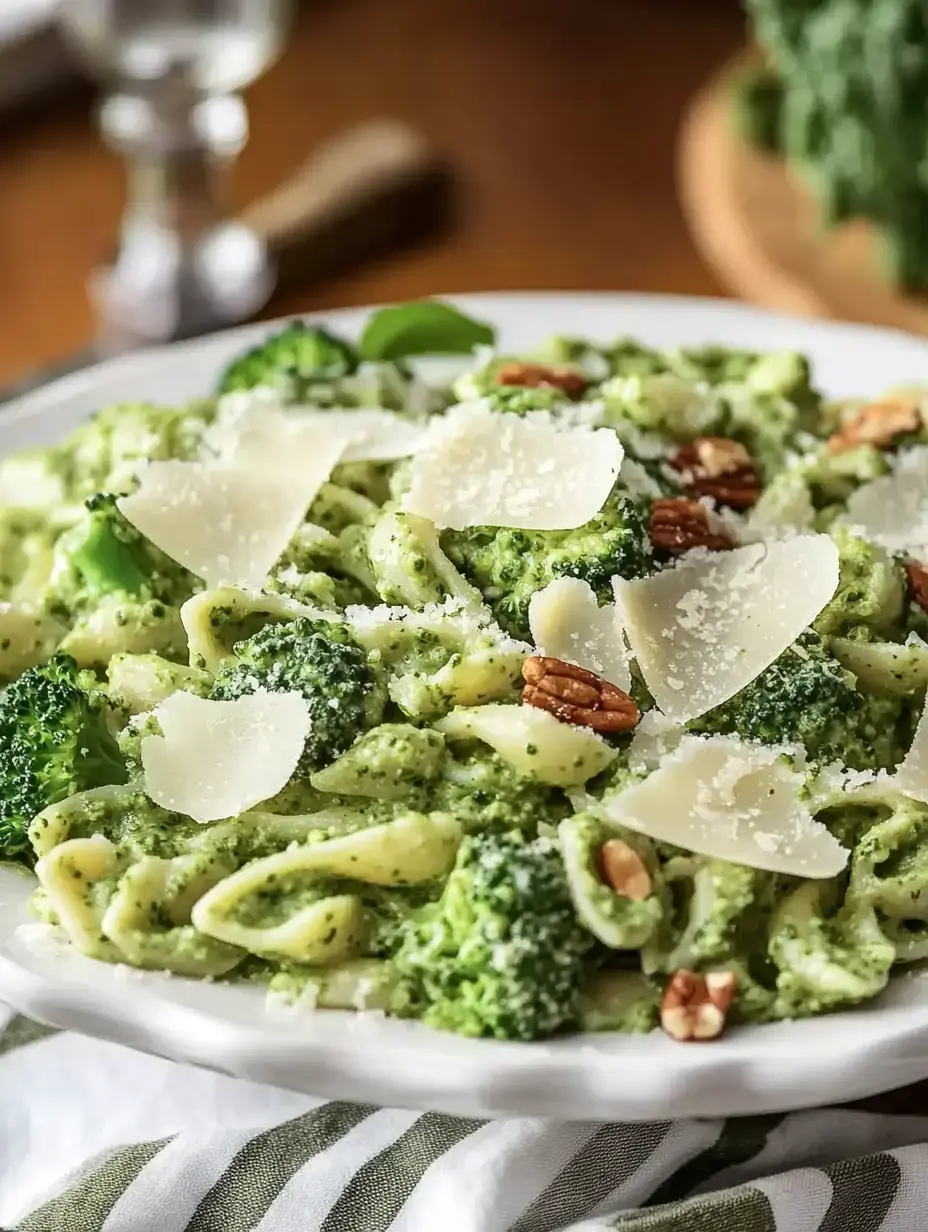 A plate of pasta with broccoli, topped with parmesan cheese and nuts, served on a textured tablecloth.