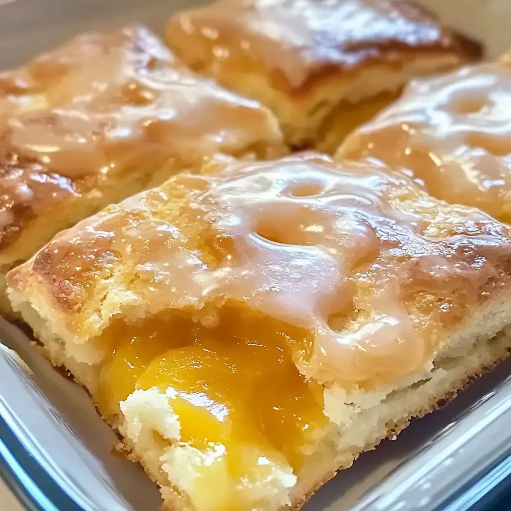 A close-up of a glazed dessert square revealing a golden fruit filling inside.