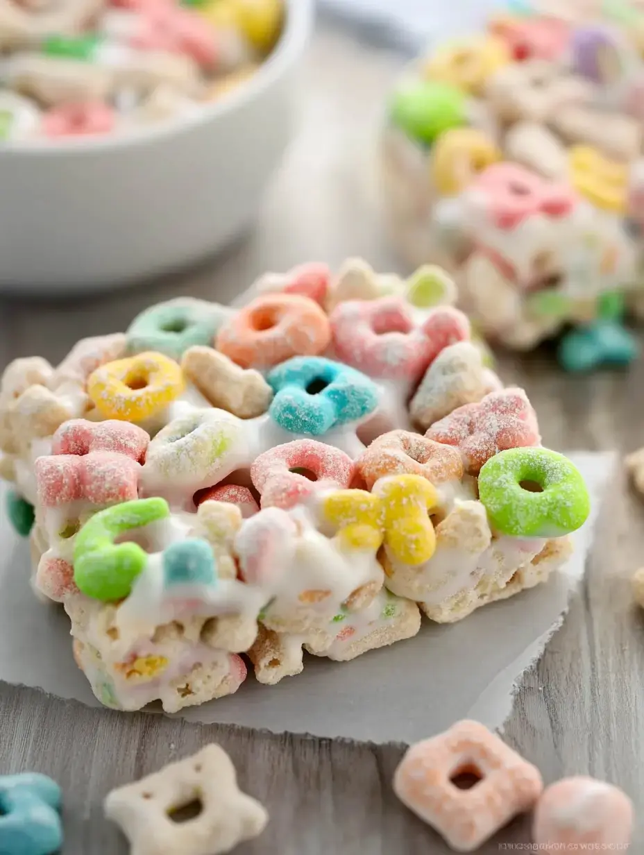 A colorful cluster of cereal treats coated in white icing, placed on a parchment-lined surface, with a bowl of similar treats in the background.