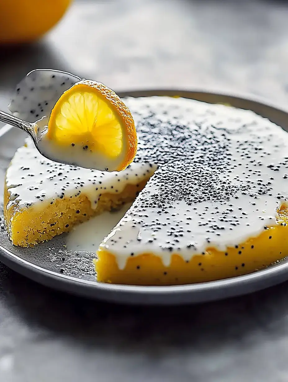 A slice of moist lemon cake with a creamy glaze and poppy seeds is being lifted by a spoon, accompanied by a lemon slice.