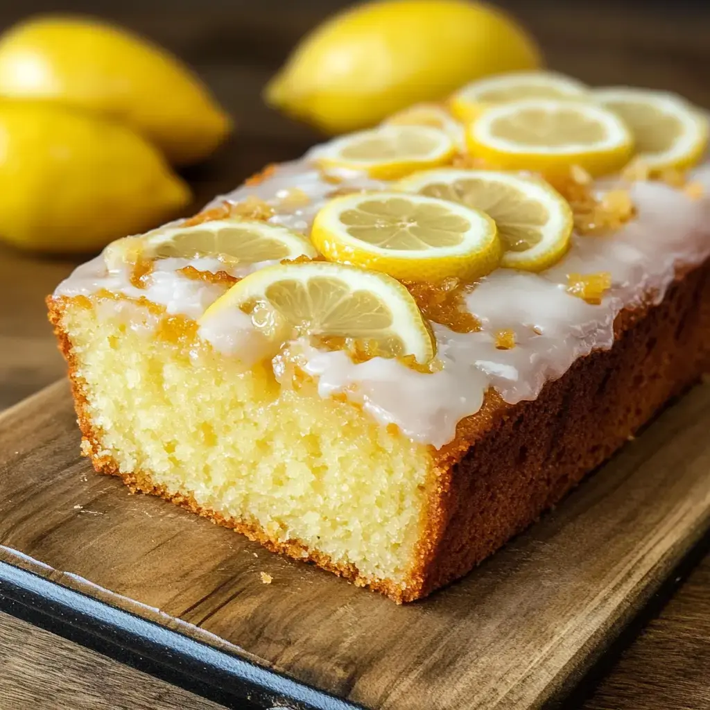 A sliced lemon cake topped with glaze and fresh lemon slices, displayed on a wooden cutting board with whole lemons in the background.