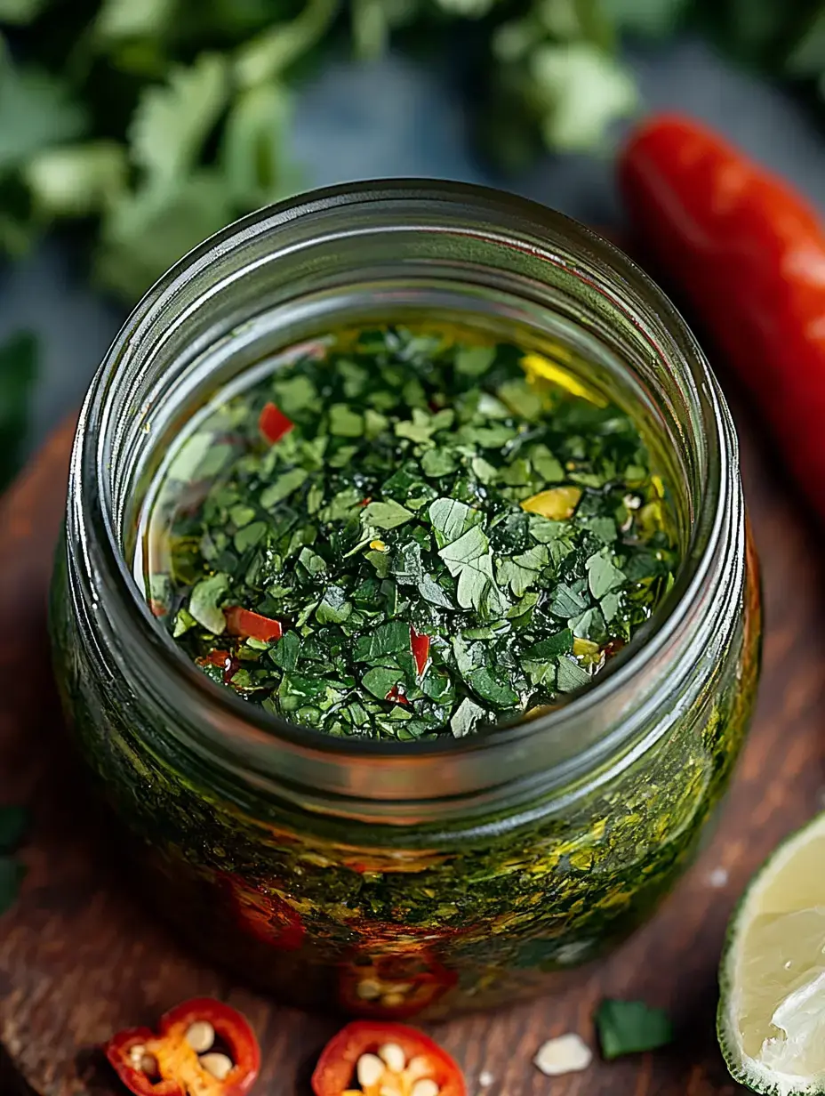 A glass jar filled with a vibrant green herb mixture, including chopped cilantro and red chili flakes, rests on a wooden surface alongside lime and dried chili slices.