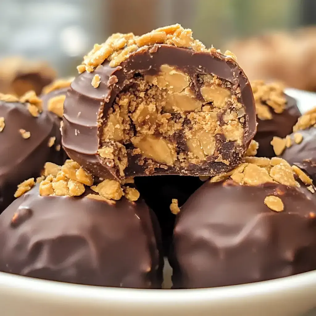 A close-up image of chocolate-covered candy, partially revealing a chewy filling with nuts and a crispy topping.