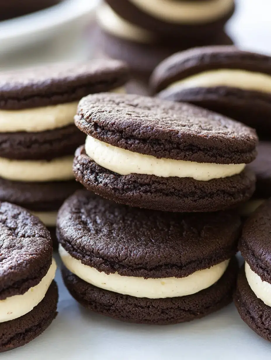 A close-up image of stacked chocolate sandwich cookies filled with a creamy, light-colored filling.