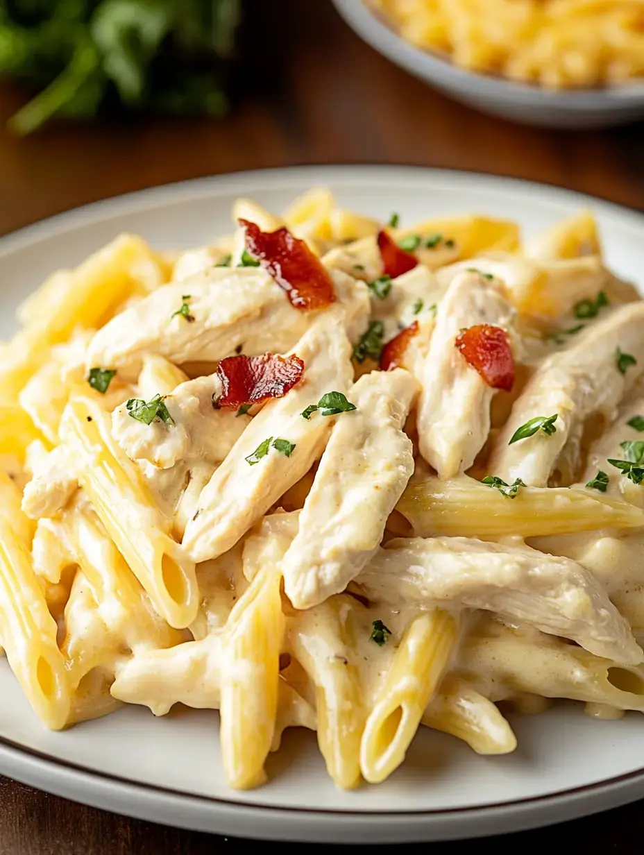 A plate of creamy chicken pasta featuring penne noodles, sliced grilled chicken, crispy bacon bits, and garnished with chopped herbs.