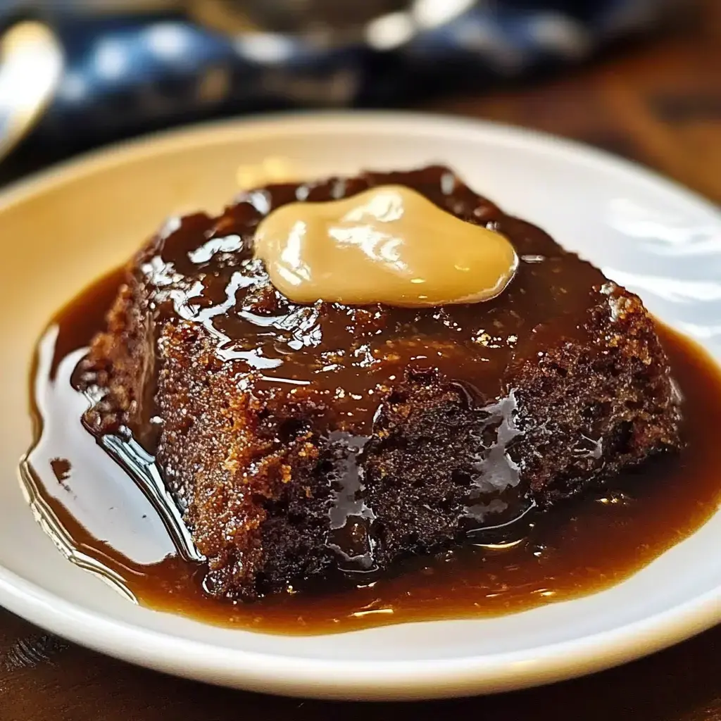 A slice of moist chocolate cake topped with a dollop of caramel sauce, served on a white plate with chocolate syrup pooling around it.