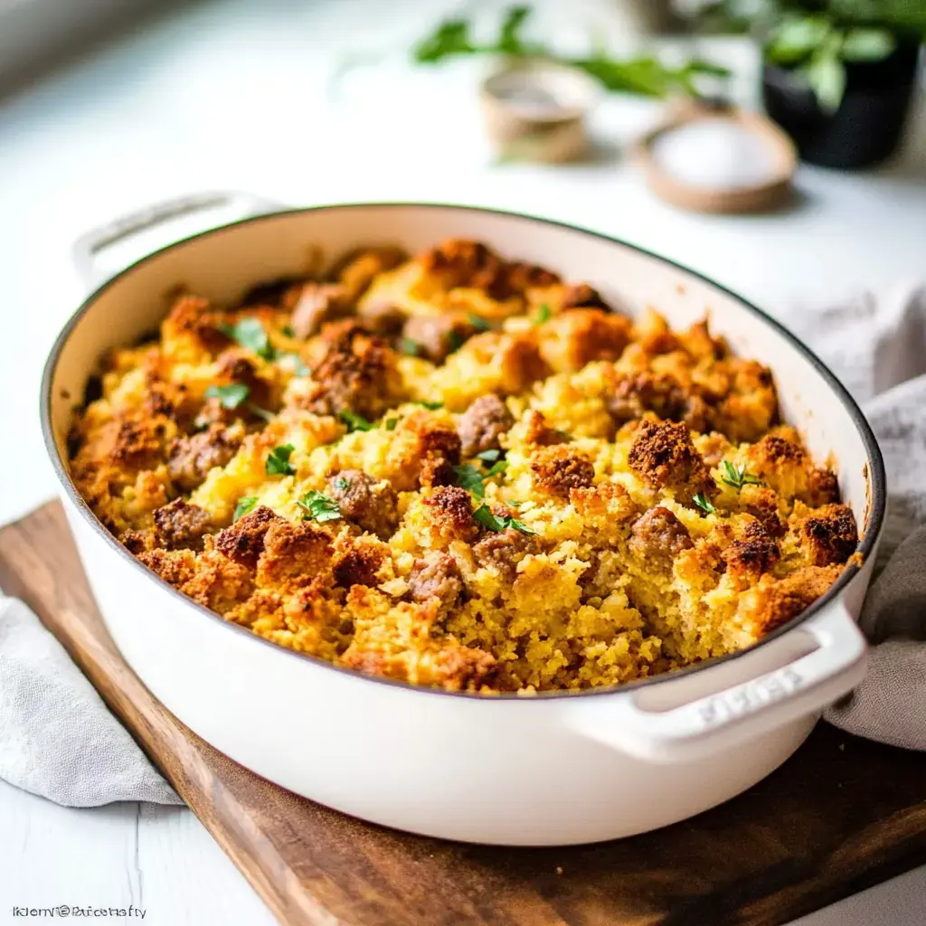 A creamy, golden-brown casserole with sausage pieces and sprinkled with fresh parsley, served in a white dish on a wooden board.