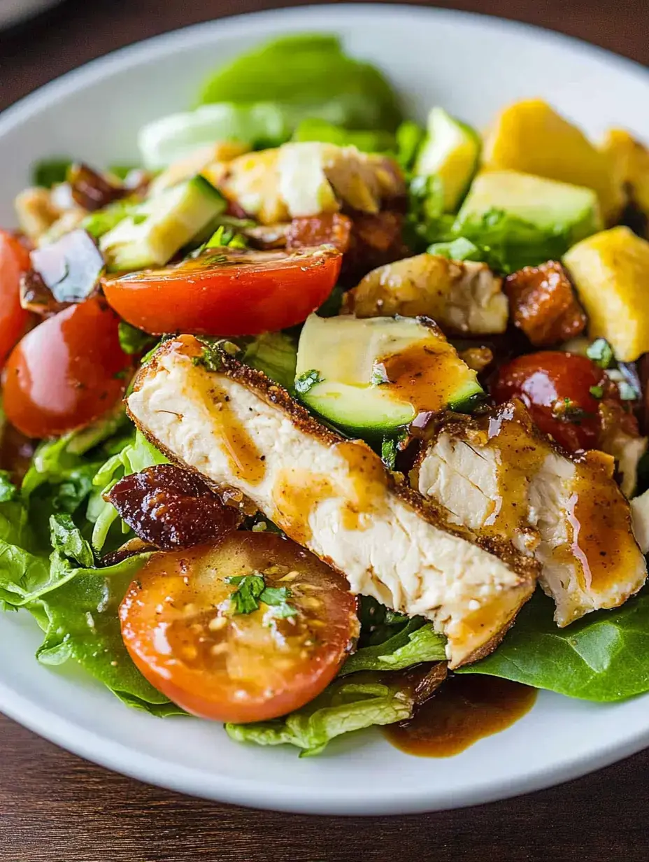 A colorful salad featuring grilled chicken, cherry tomatoes, cucumber, and mixed greens drizzled with a dressing.