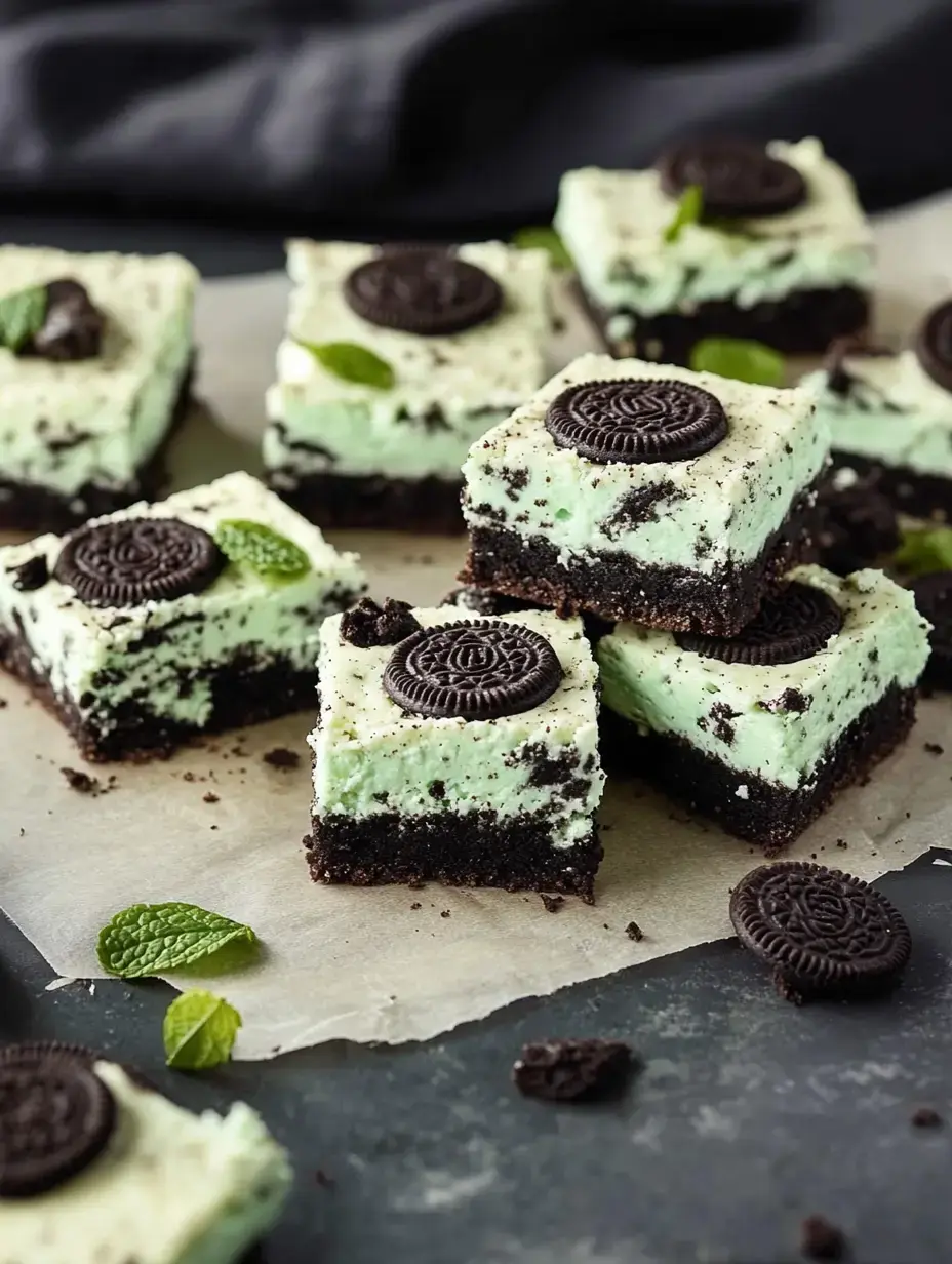 A platter of mint chocolate Oreo dessert squares garnished with whole Oreos and fresh mint leaves.