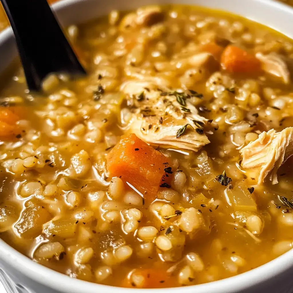 A close-up view of a bowl of soup containing chicken, carrots, and grains, garnished with herbs.