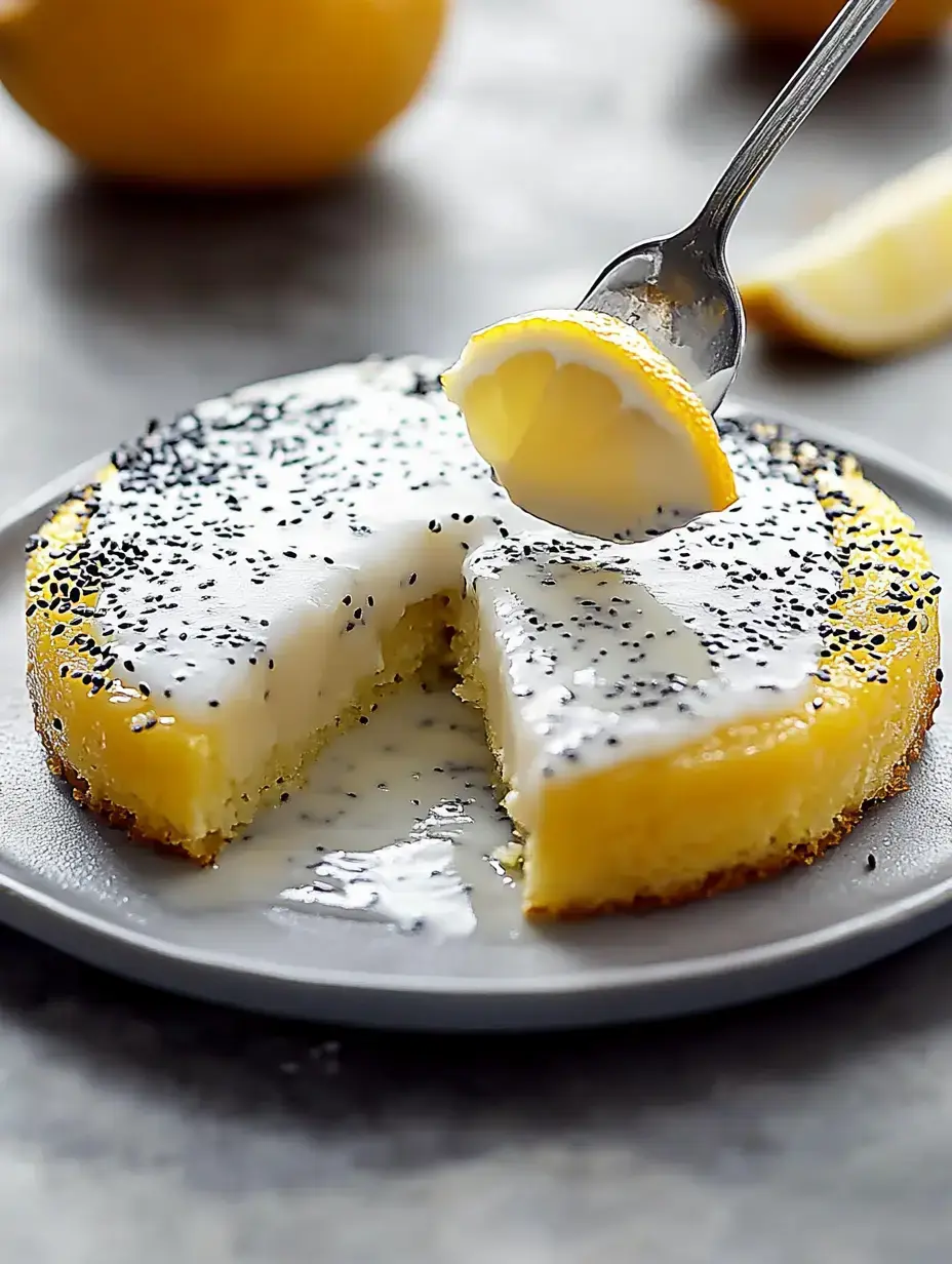 A slice of lemon cake with a creamy glaze and poppy seeds is being served on a plate, accompanied by a lemon wedge in the background.