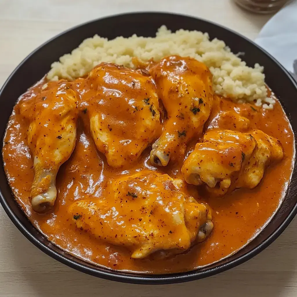 A bowl of chicken drumsticks smothered in a rich sauce, served alongside a portion of mashed potatoes.